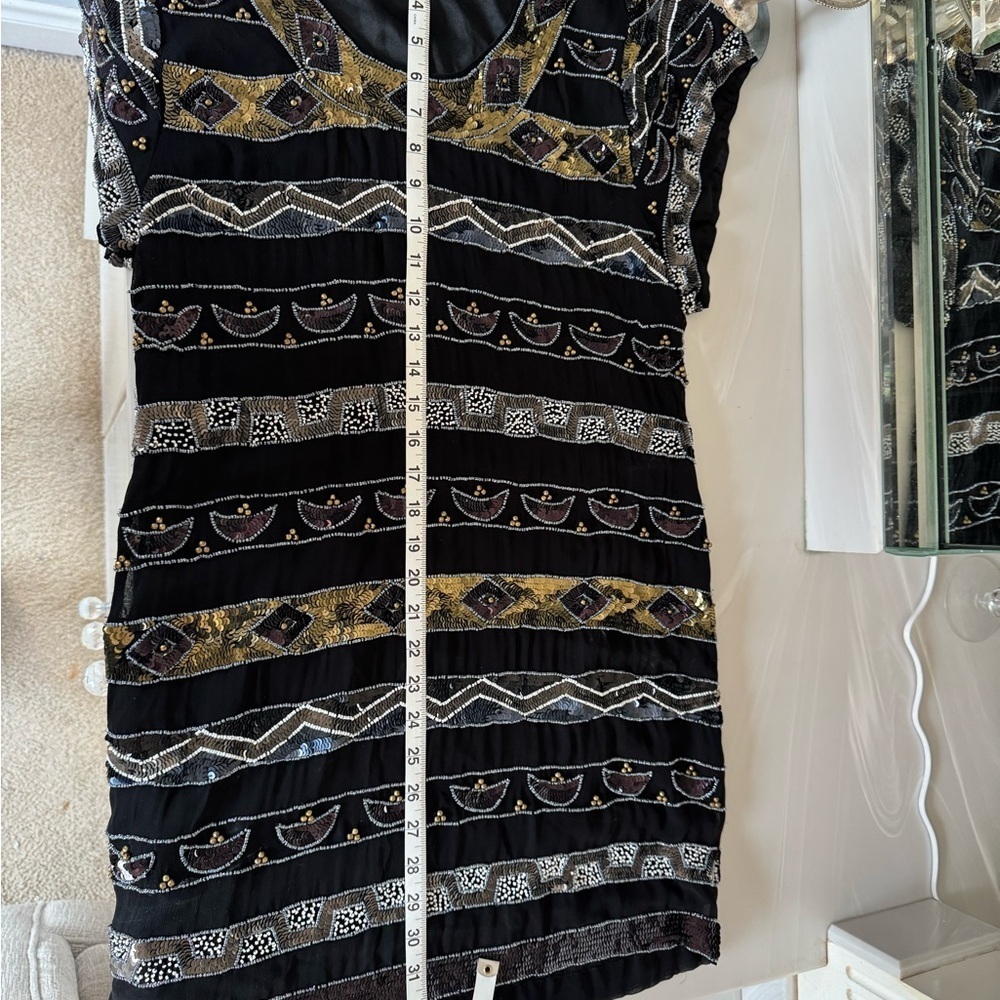 French Connection Black and Gold Sheath Mini Dress with Bateau Neckline - Picture 5 of 8